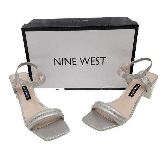 Nine West Dark Silver Metallic Urgreat Square Toe Leather Ankle Strap Sandals 5 - Picture 1 of 14